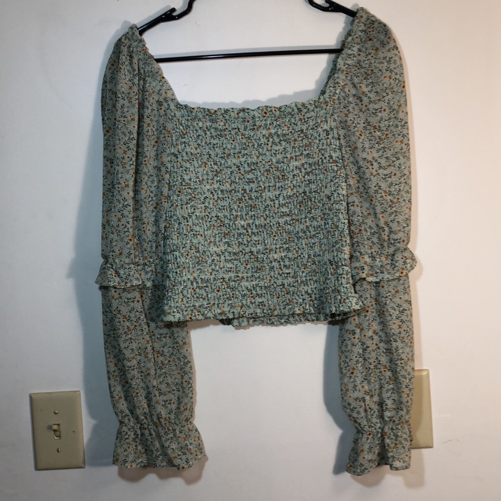 Sage Green Smocked Top with Sheer Sleeves
